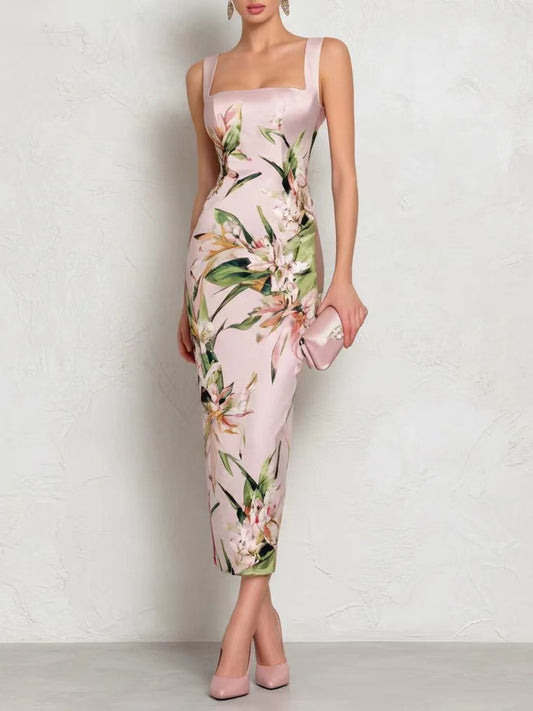 Women's Strapless Floral Bodycon Dress with Back Zipper