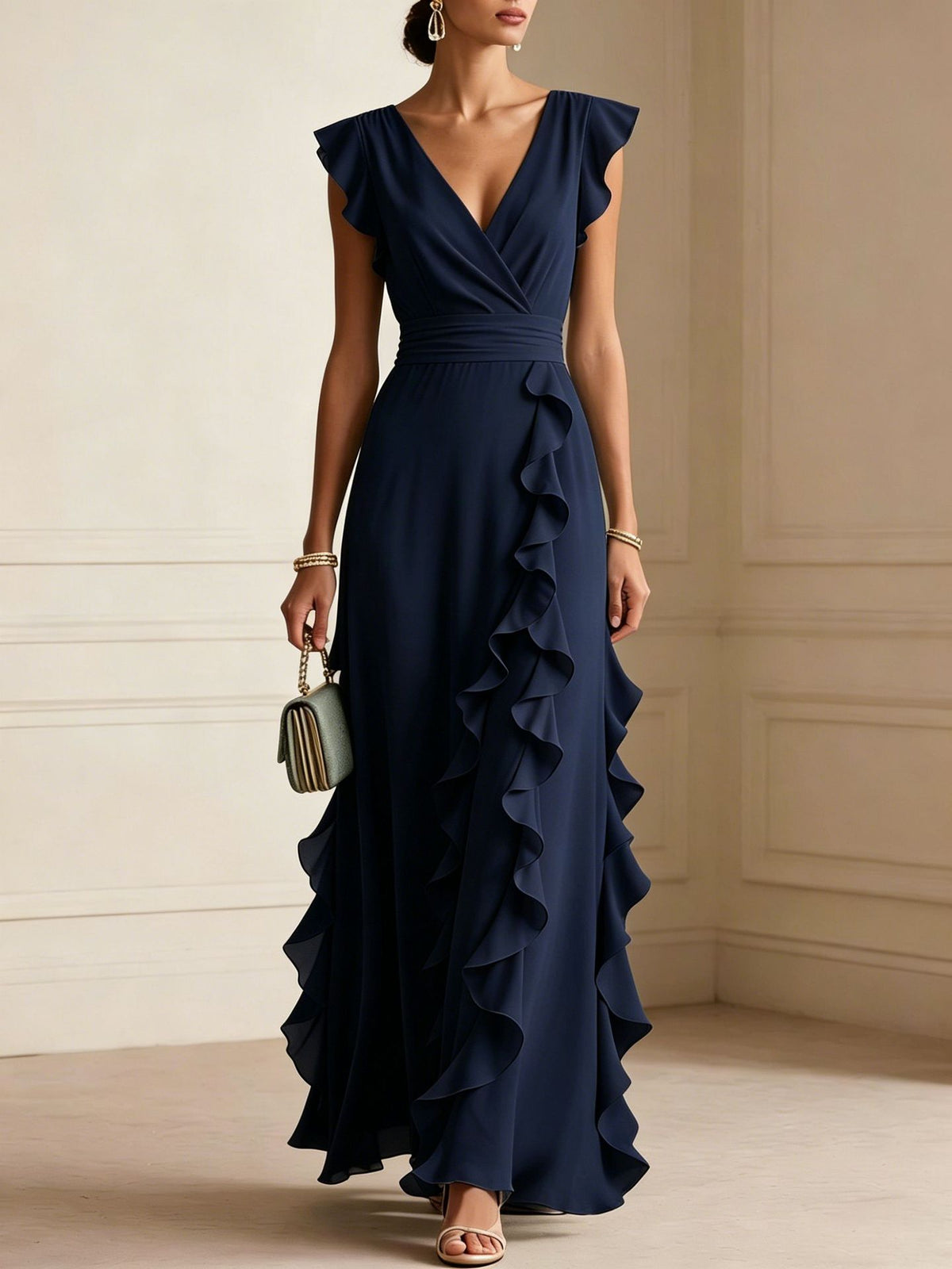 Women's Ruched V-Neck Chiffon Dress