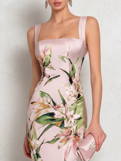 Women's Strapless Floral Bodycon Dress with Back Zipper