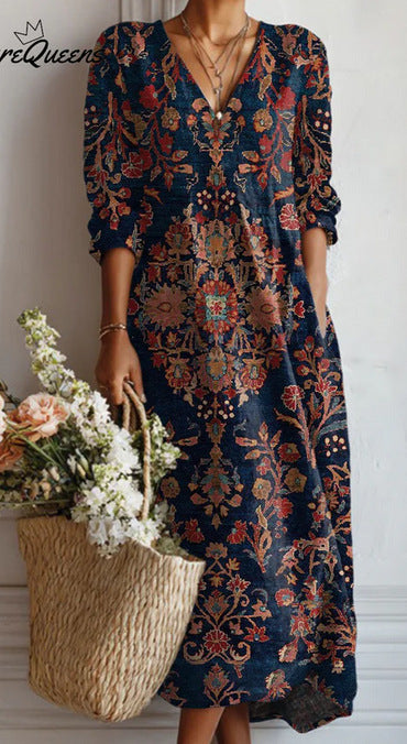 Women's Loose V Neck Long Sleeve Print Dress