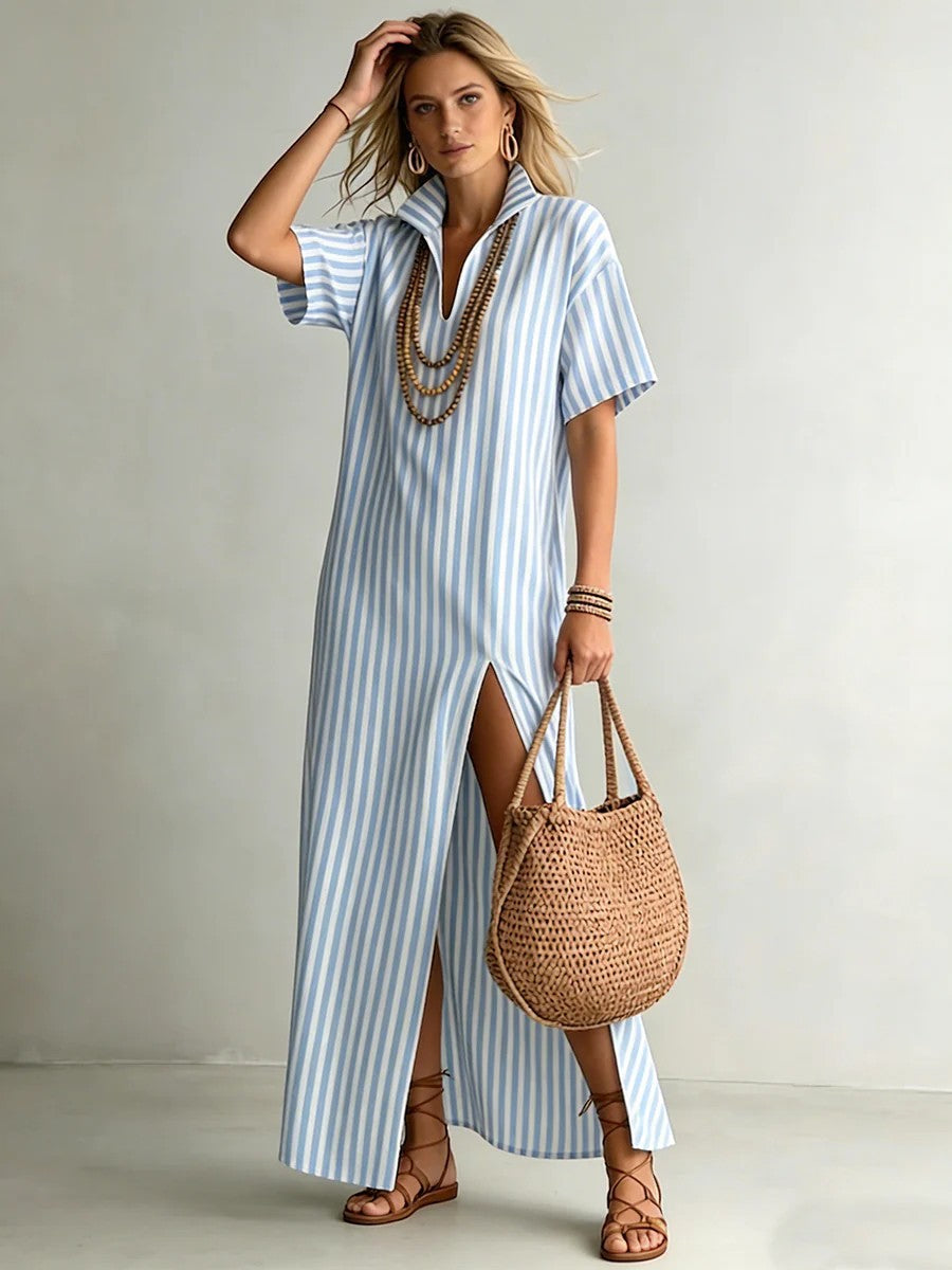 Women's Striped V-Neck Summer Shirt Dress