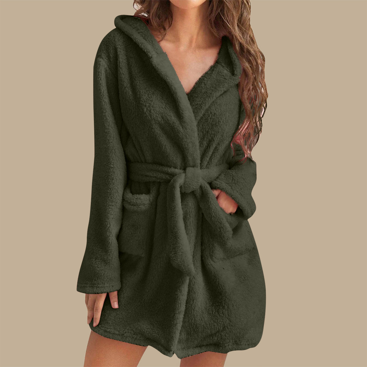 Women's Plush Hooded Bathrobe in Olive Green