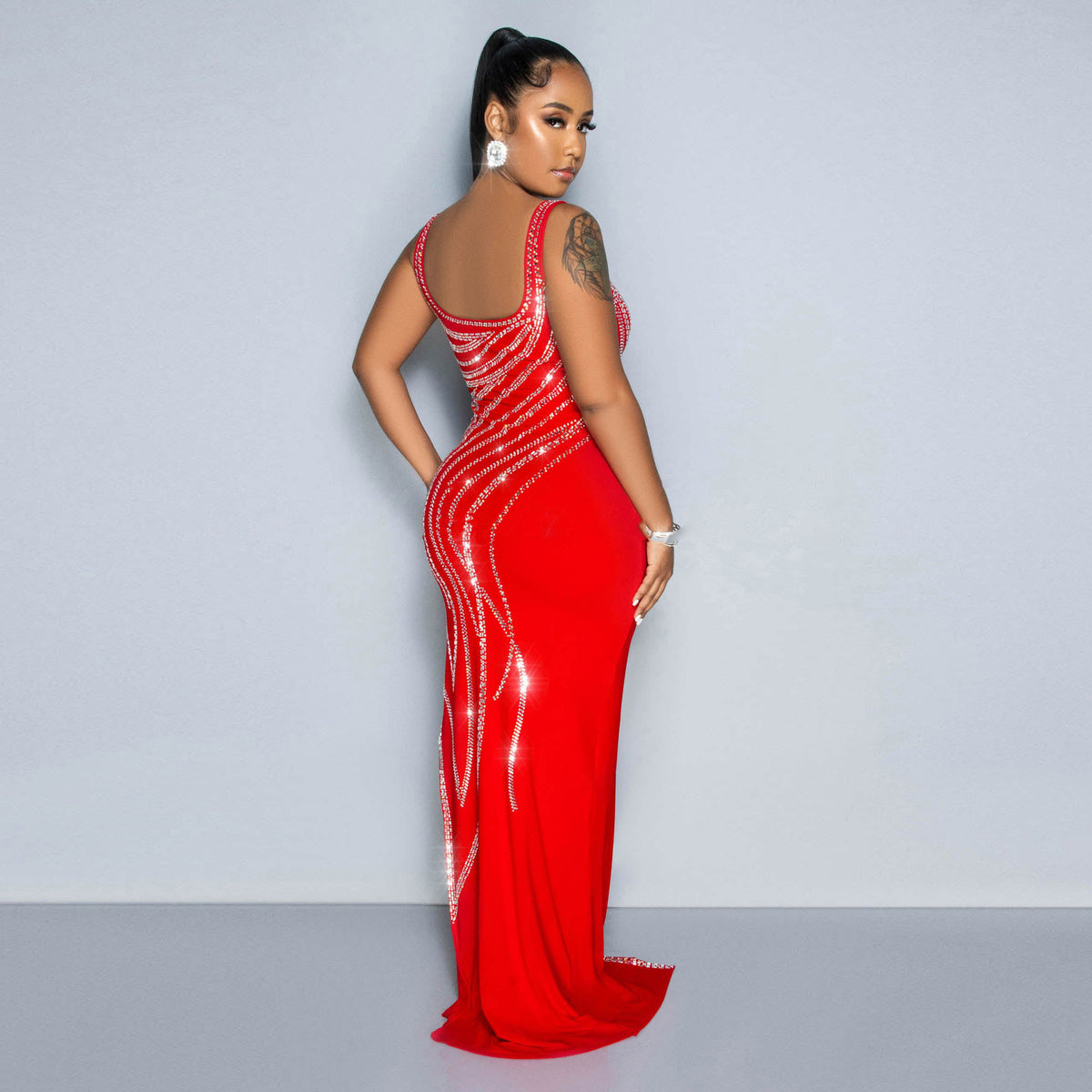 Women's Diamond Detail Slit Elastic Bodycon Dress