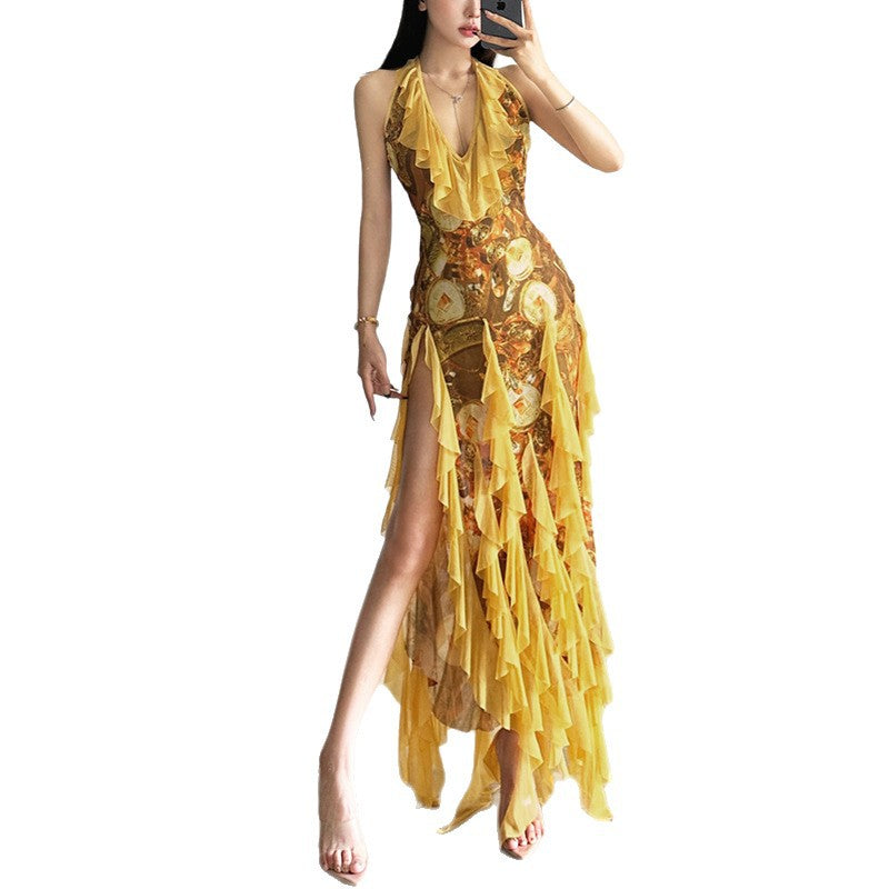 Women's Striped Floral Backless Dress