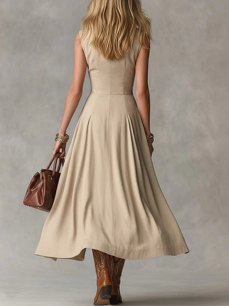 Women's Lapel Sleeveless Long Dress