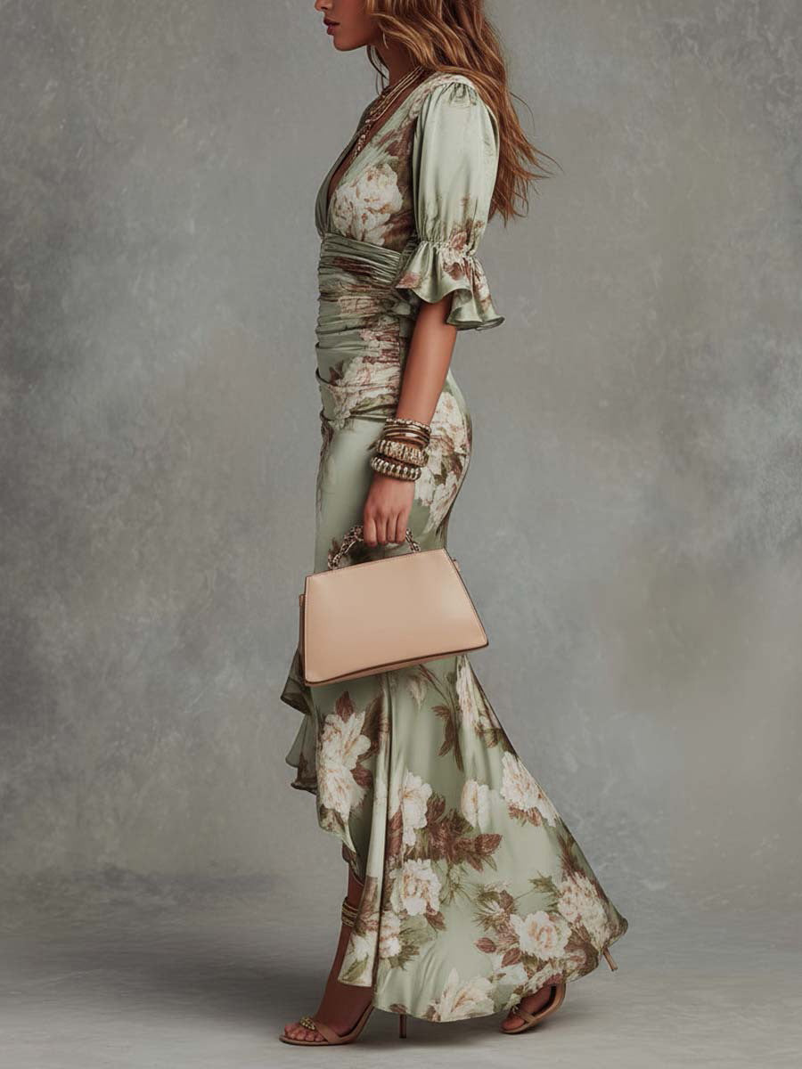 Women's V-Neck Slim Fit Printed Fishtail Dress Resort Style