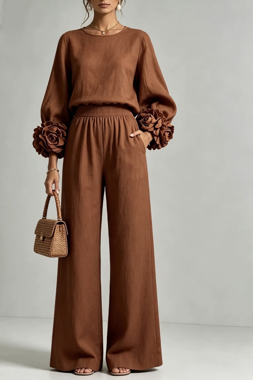 Women's Lantern Sleeve Top and Wide-Leg Pants Set with Ruffled Cuffs