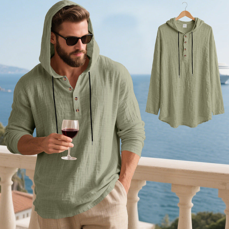 Men's Linen-Blend Hooded Henley Shirt