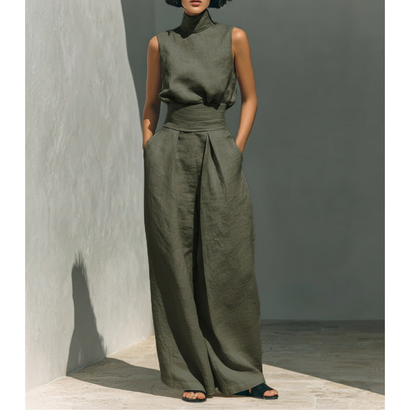 Women's Sleeveless High-Collar Cotton Linen Vest and Wide-Leg Pants Set