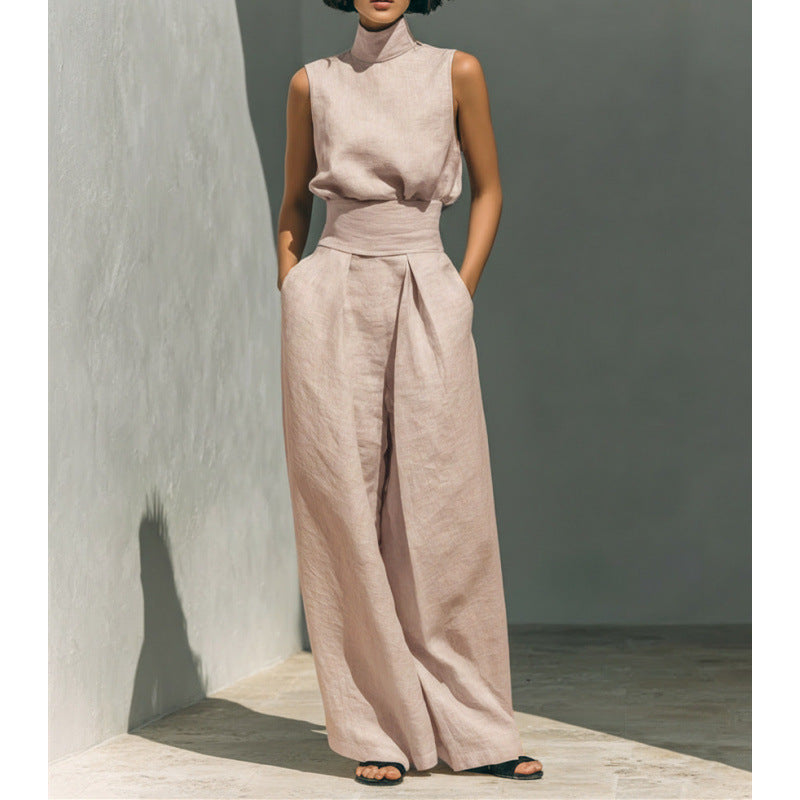 Women's Sleeveless High-Collar Cotton Linen Vest and Wide-Leg Pants Set