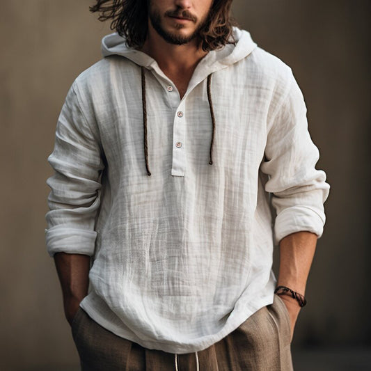 Men's Linen Long Sleeve Hooded Casual Shirt
