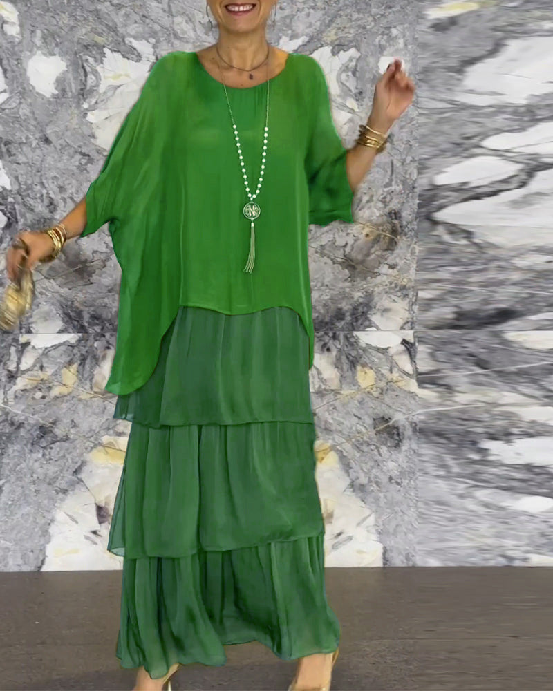 Women's Chiffon Batwing Sleeve Round Neck Long Dress