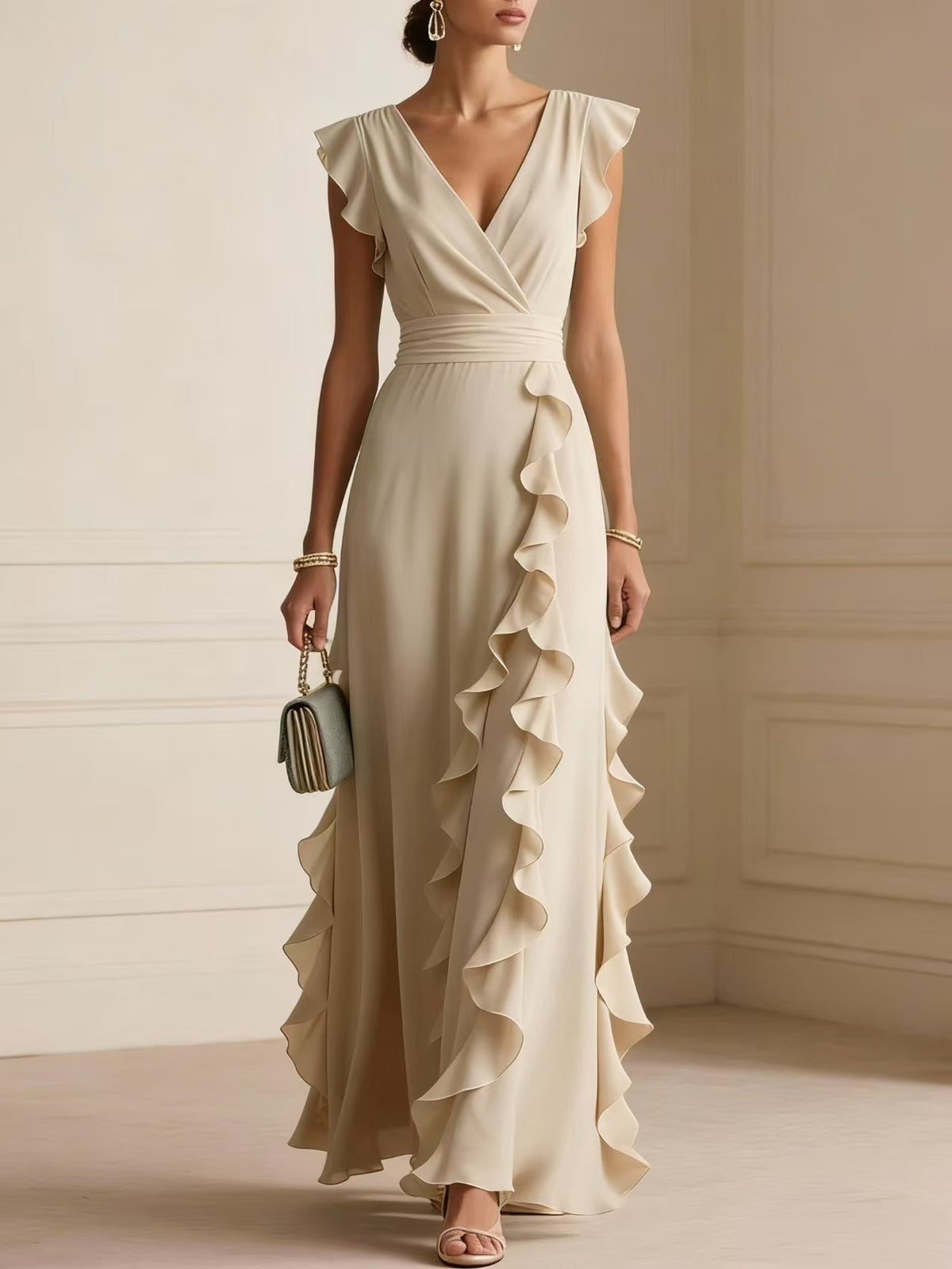 Women's Ruched V-Neck Chiffon Dress