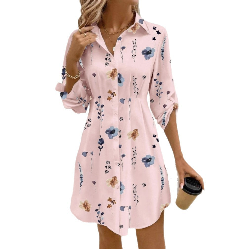 Women's Floral Print Lapel Long Sleeve Shirt Dress