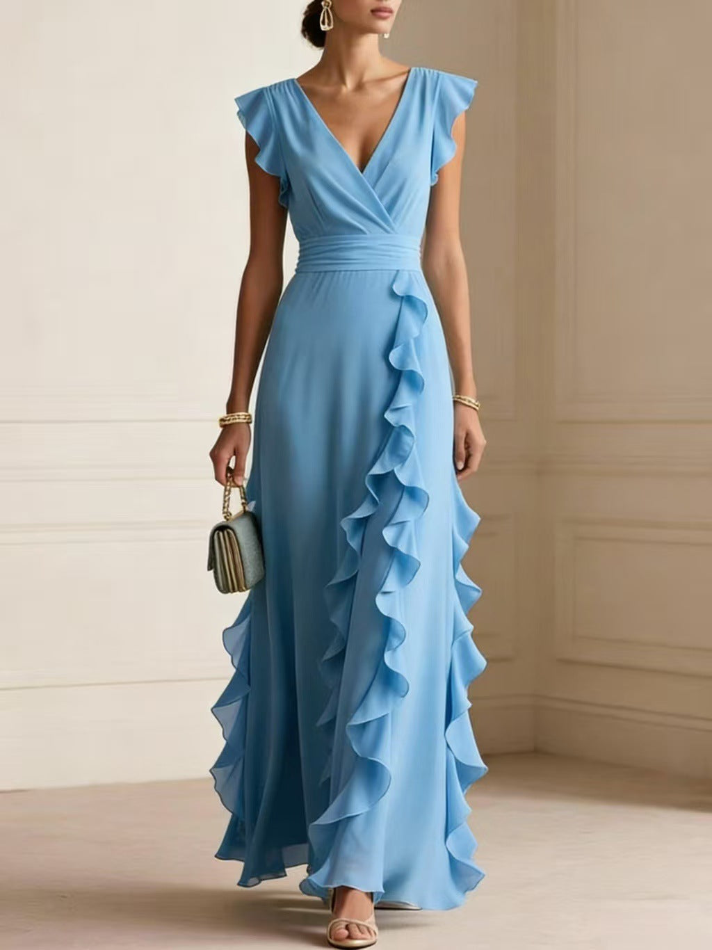 Women's Ruched V-Neck Chiffon Dress