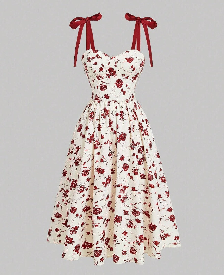 Women's Lace-Up Shoulder Floral A-Line Dress
