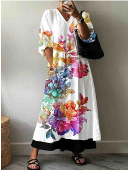 Women's Loose V Neck Long Sleeve Print Dress