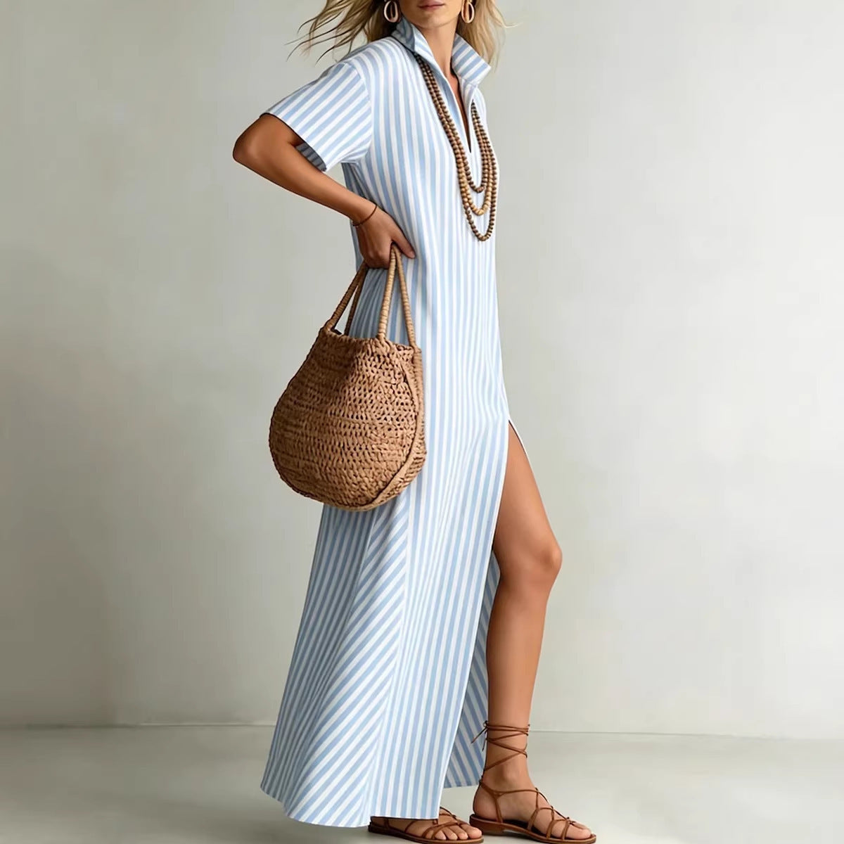 Women's Striped V-Neck Summer Shirt Dress