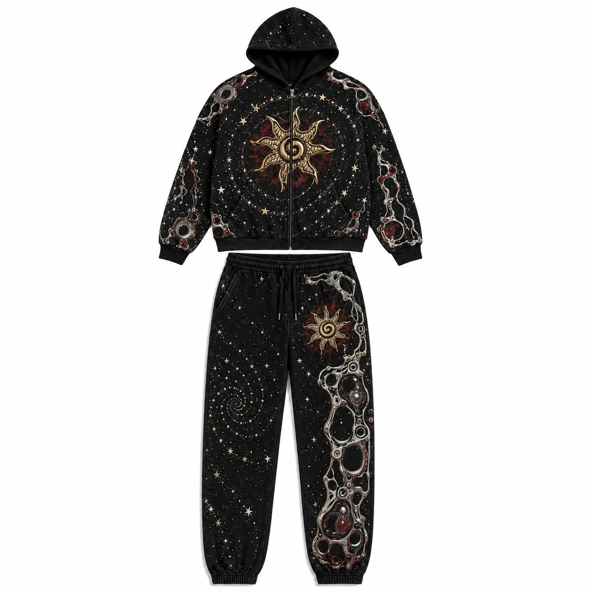 Print Hooded Zip Sweatshirt and Pants Set