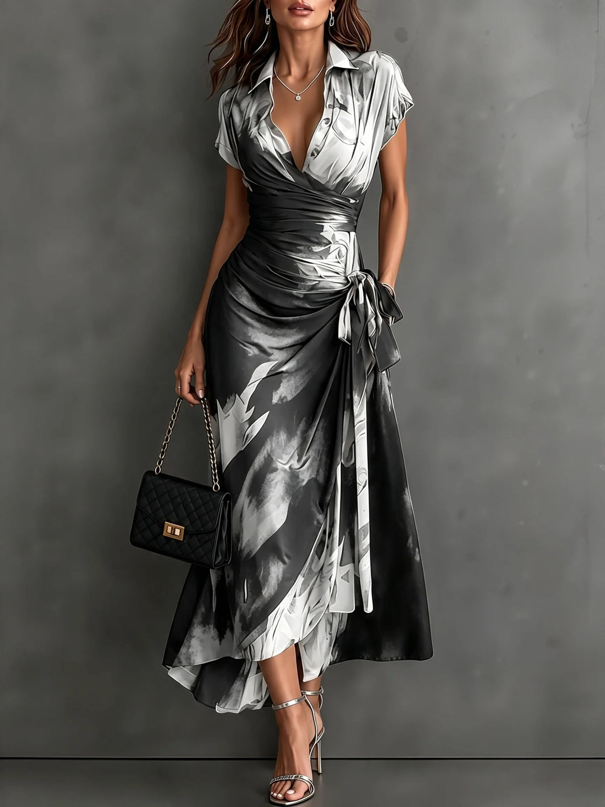 Women's Ink Print Wrap Dress with Collar