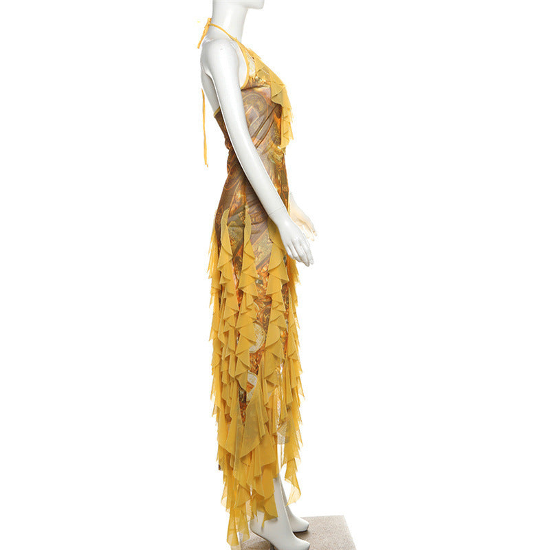 Women's Striped Floral Backless Dress