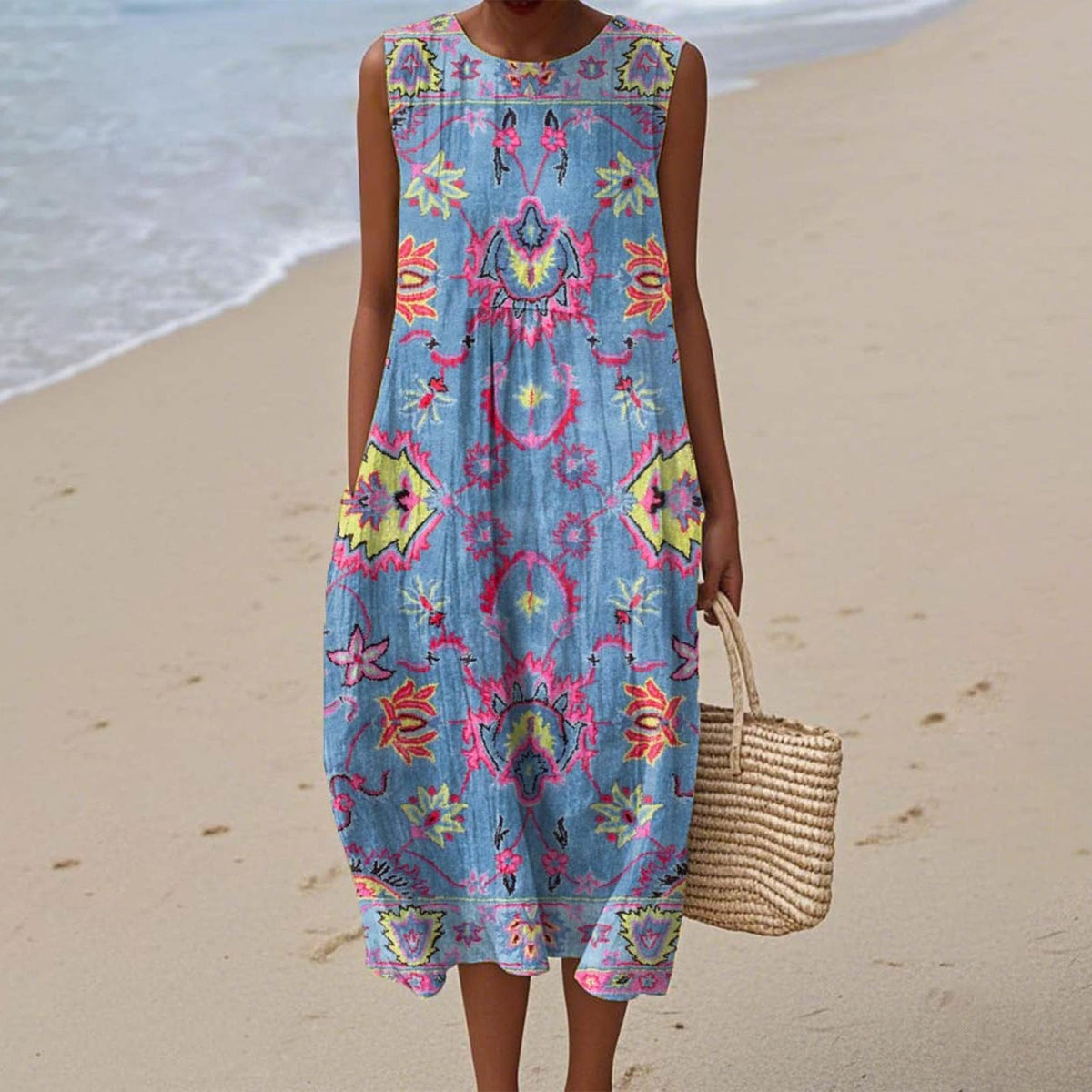 Women's 3D Floral Print Sleeveless A-Line Dress