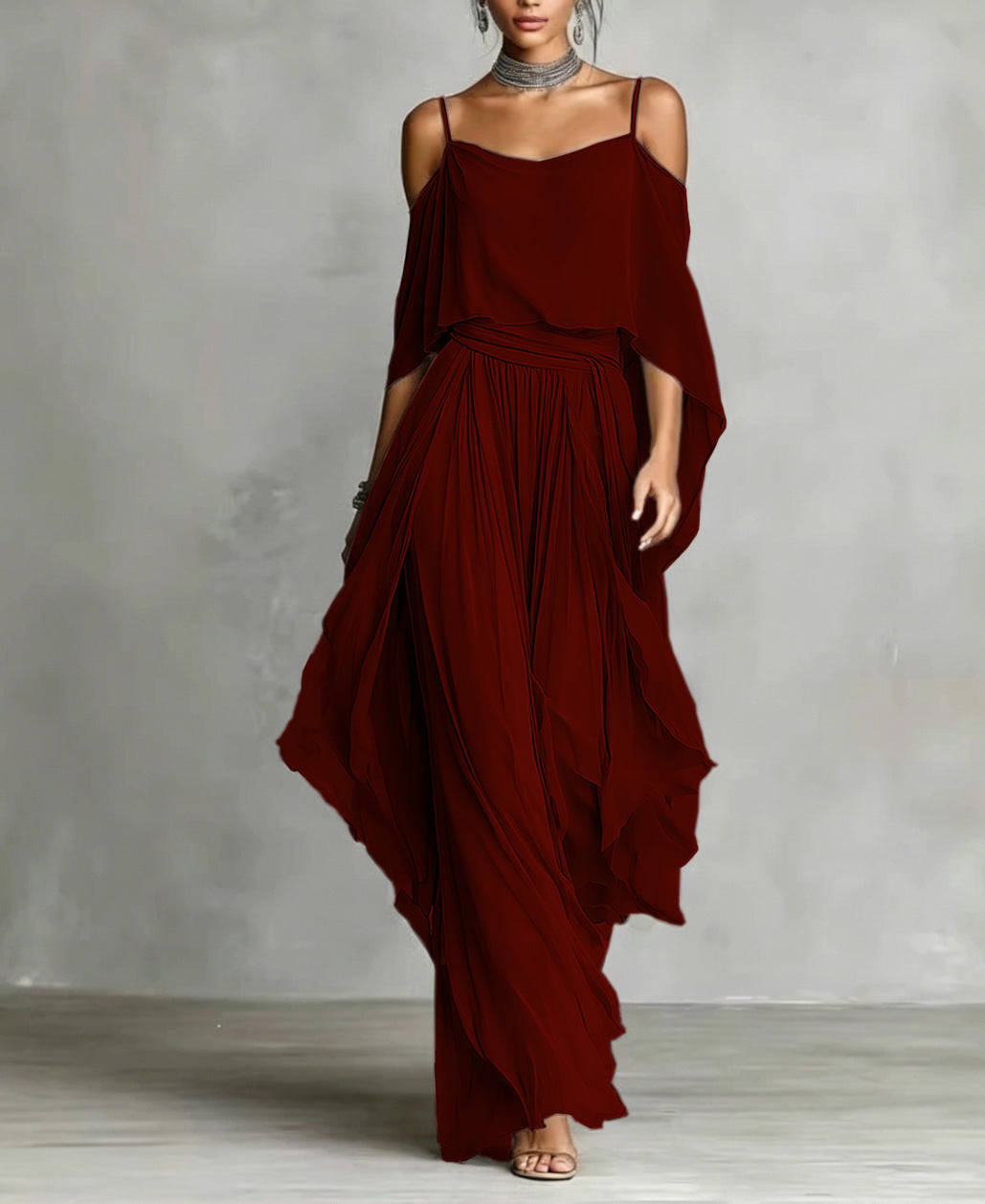 Women's Chiffon Off-Shoulder Top and Wide-Leg Pants Set