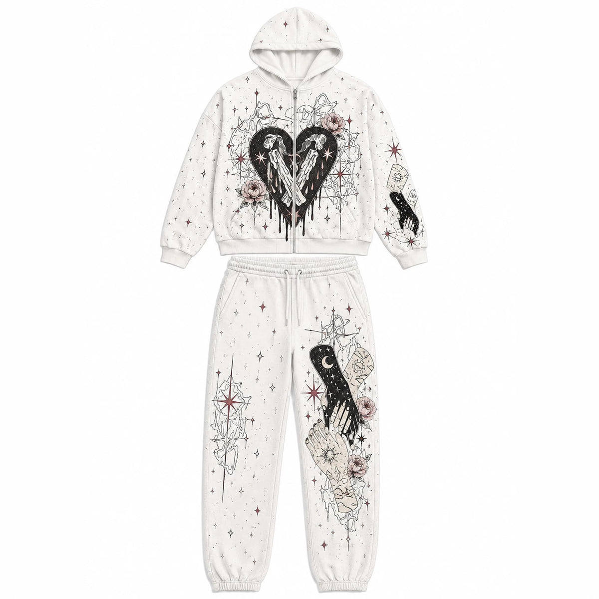Print Hooded Zip Sweatshirt and Pants Set