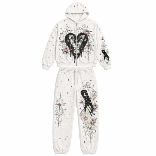 Print Hooded Zip Sweatshirt and Pants Set