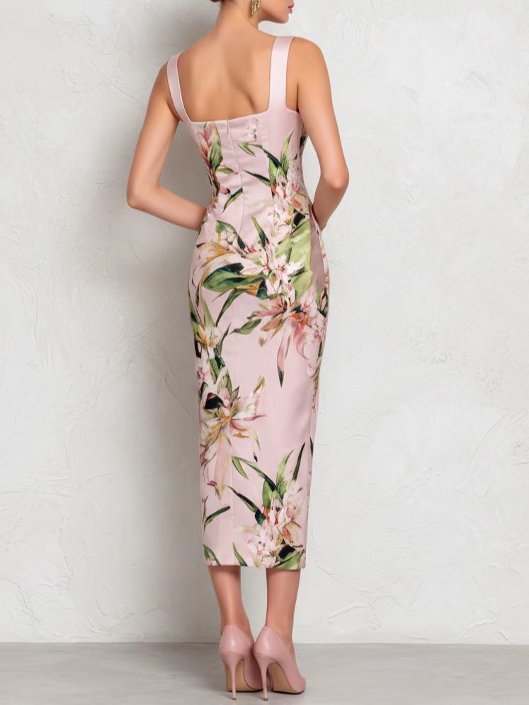 Women's Strapless Floral Bodycon Dress with Back Zipper