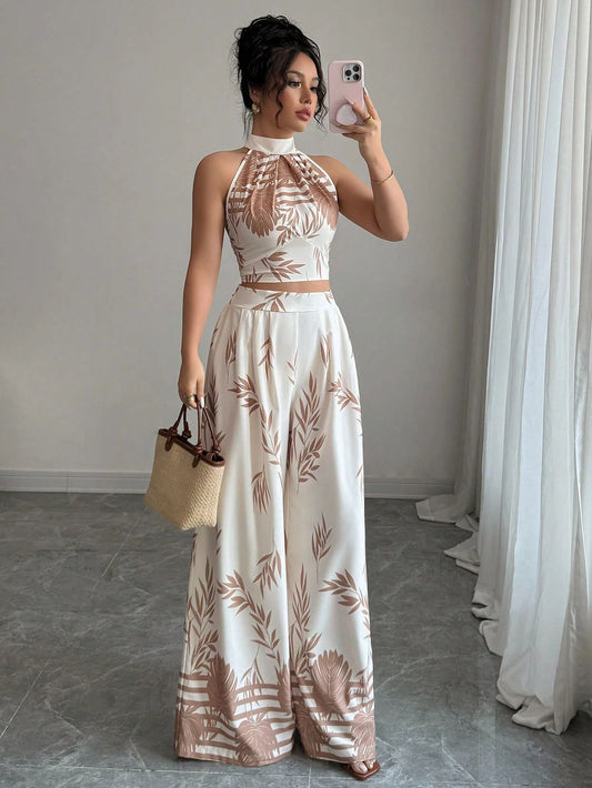 Women's Floral Halter Top and Wide-Leg Pants Set
