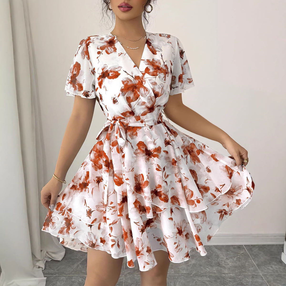 Women's Floral Print V-Neck Short Sleeve Bohemian Swing Dress