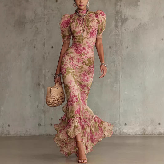 Women's Floral Print V-Neck A-Line Midi Dress