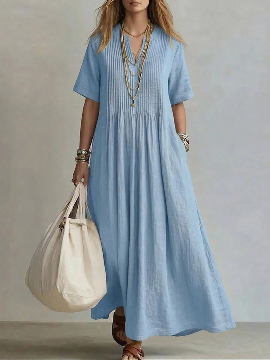 V-Neck Pleated Cotton Linen Dress