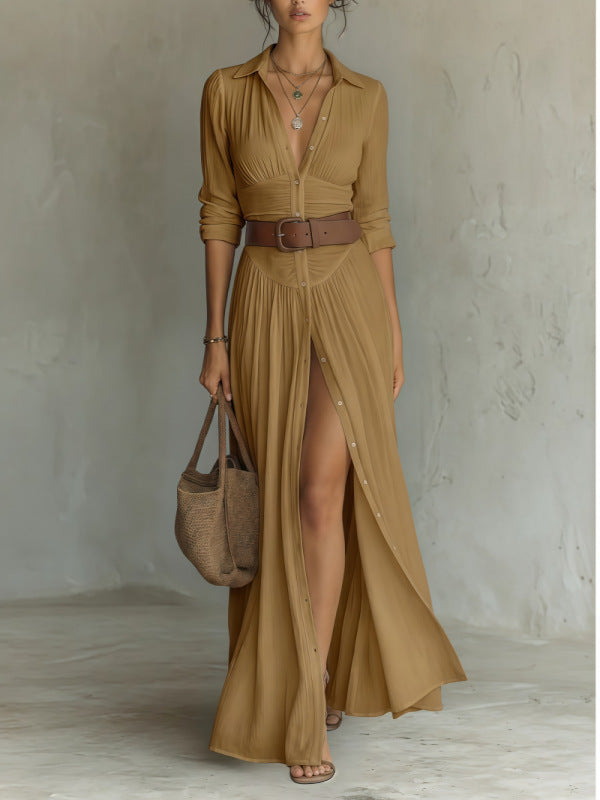 Women's V-Neck Long Slit Shirt Dress