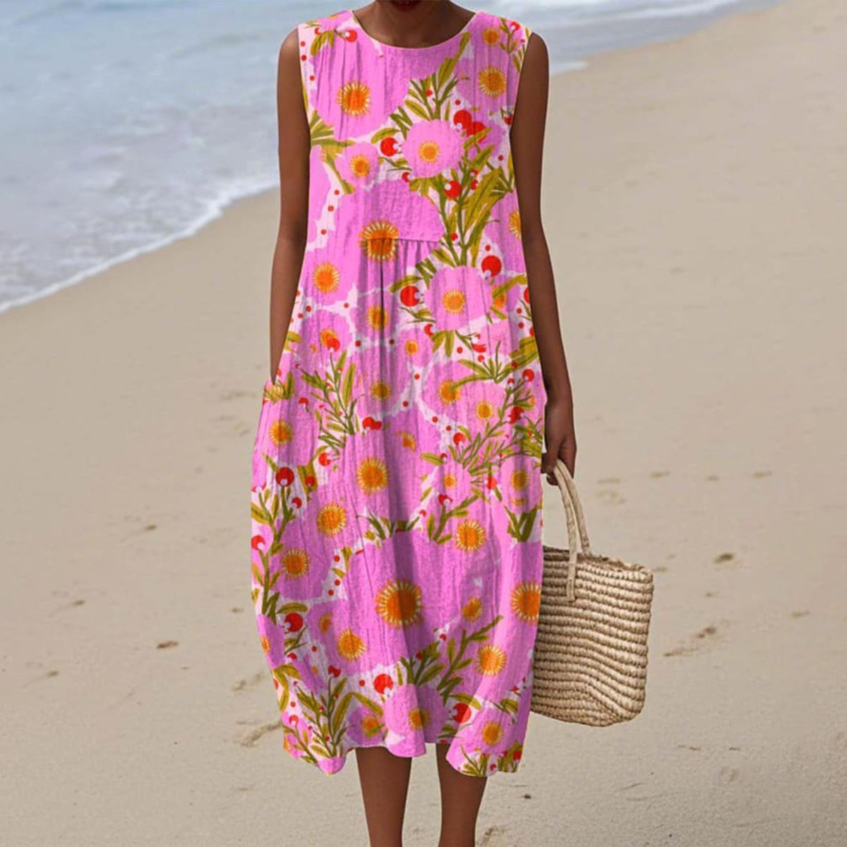 Women's 3D Floral Print Sleeveless A-Line Dress