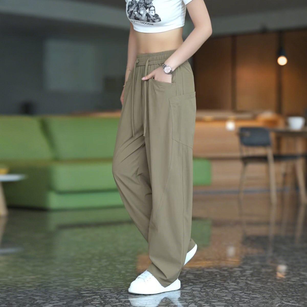 American-Style Diagonal-Cut Casual Pants