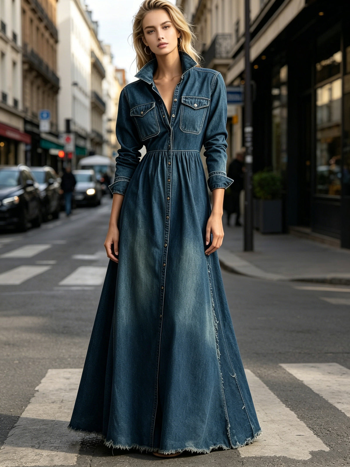 Women's Slim-Fit Vintage Long Sleeve Denim Dress