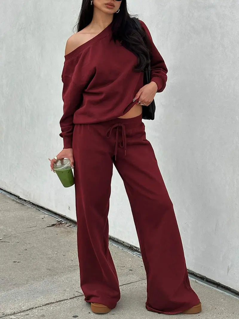 Women's Off-Shoulder Long Sleeve Top and Wide-Leg Pants Set