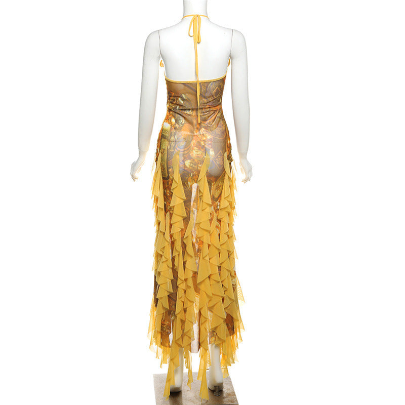 Women's Striped Floral Backless Dress