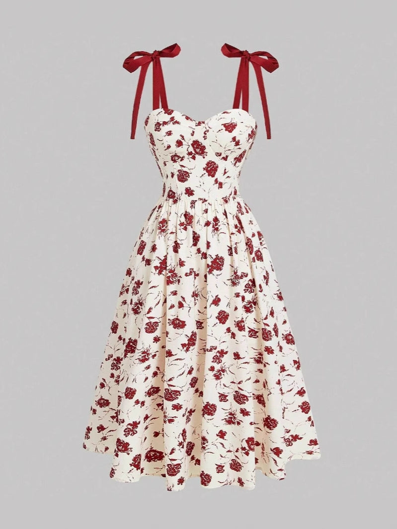 Women's Lace-Up Shoulder Floral A-Line Dress