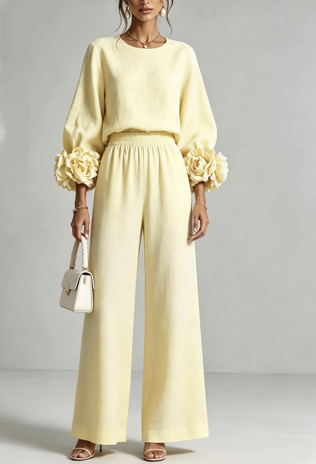 Women's Lantern Sleeve Top and Wide-Leg Pants Set with Ruffled Cuffs