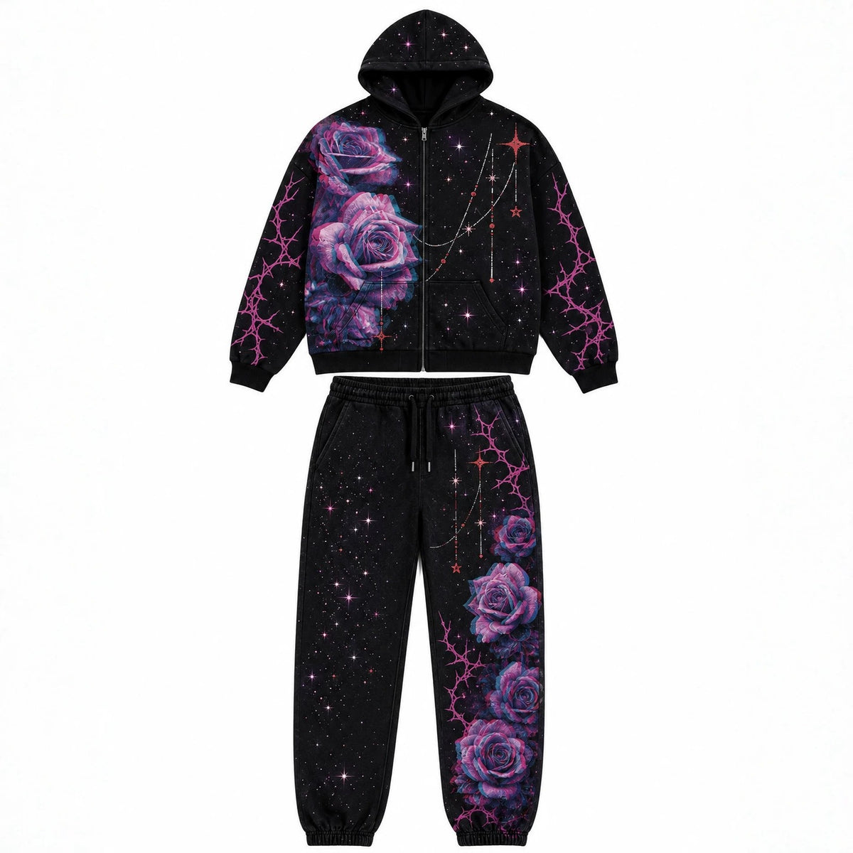 Print Hooded Zip Sweatshirt and Pants Set