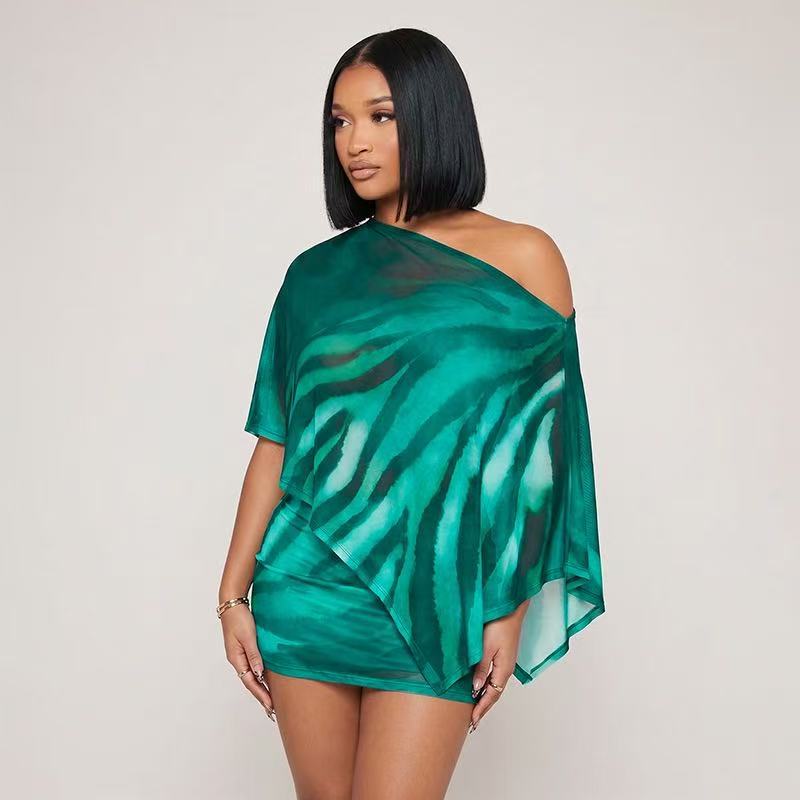 One-Shoulder Print Top and Bodycon Skirt Set