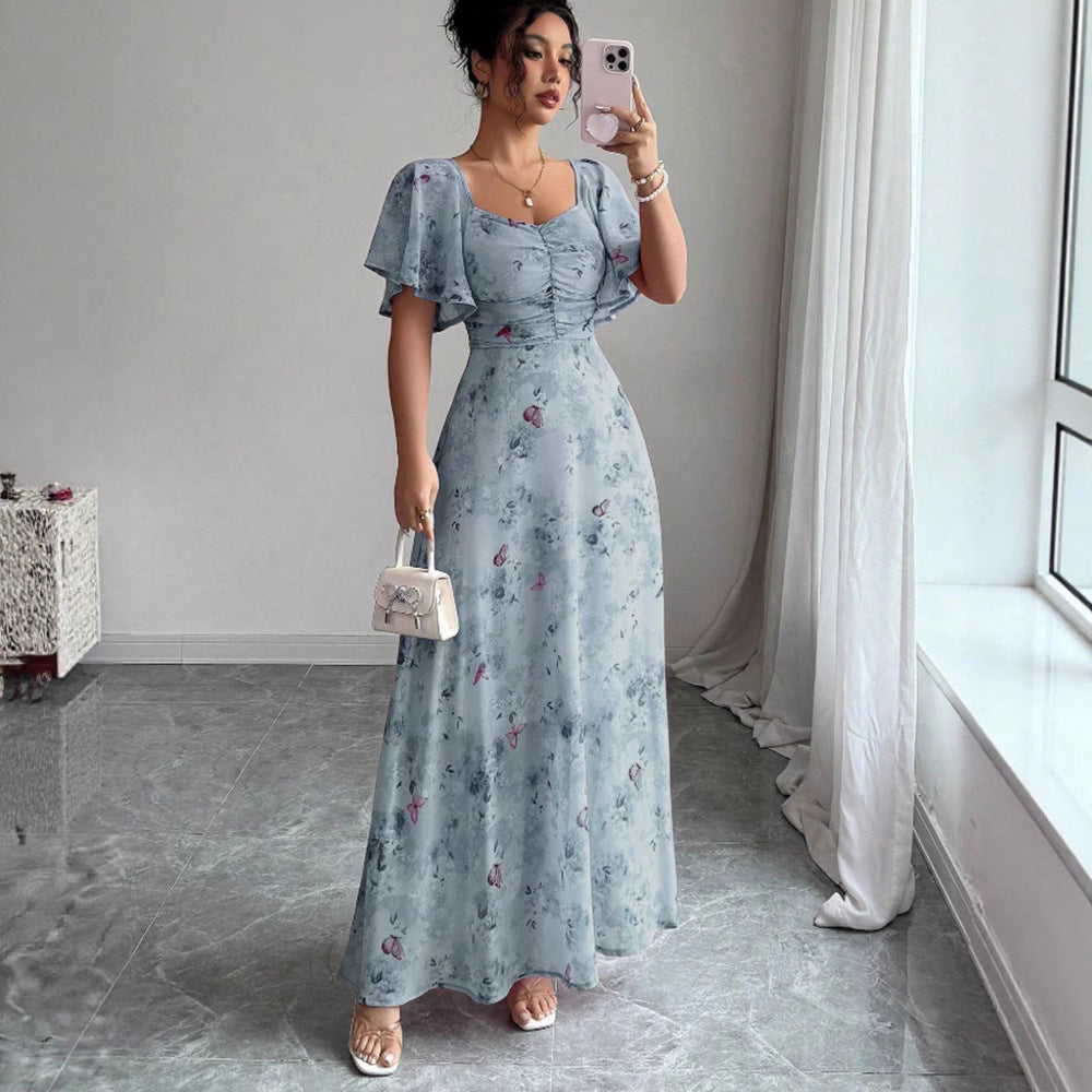 Women's Floral Print Chiffon Midi Dress with Lotus Sleeves