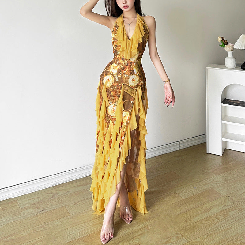 Women's Striped Floral Backless Dress