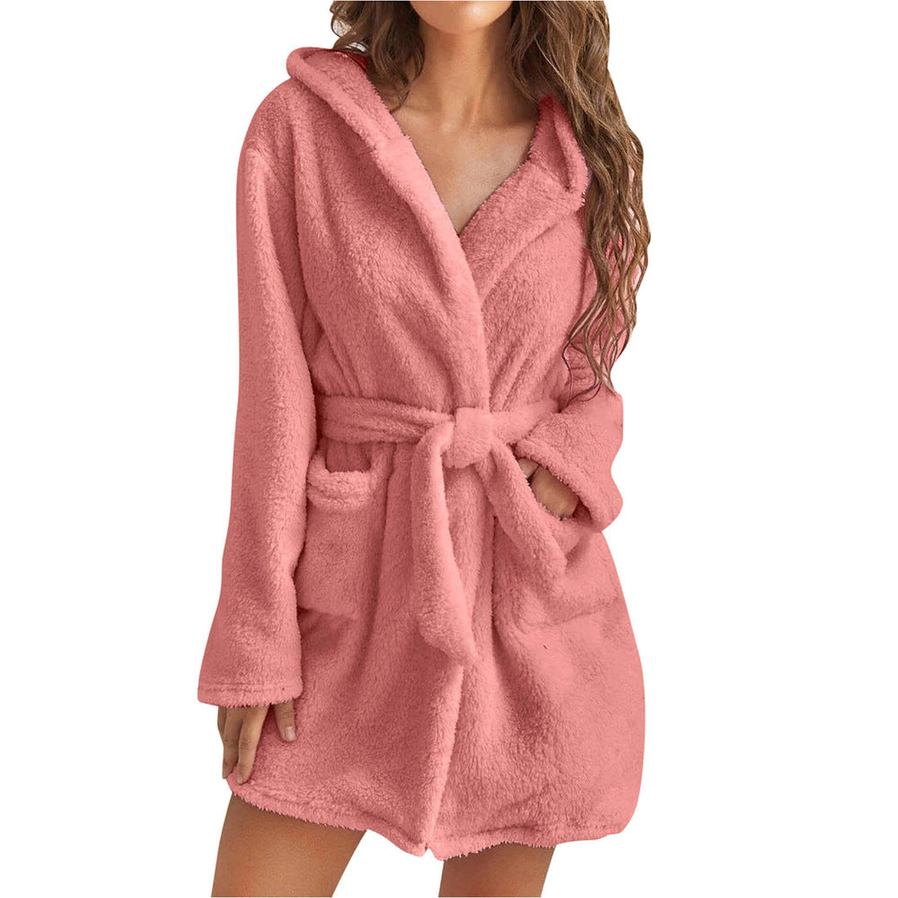 Women's Plush Hooded Bathrobe in Dark Pink