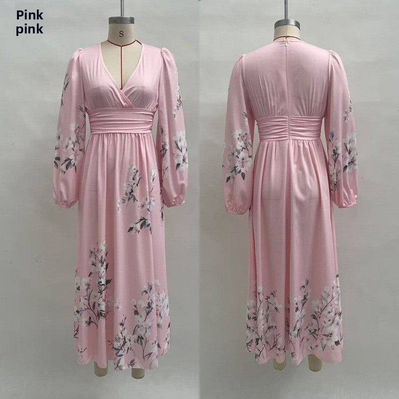Women's Floral Print V-Neck Long Sleeve A-Line Maxi Dress