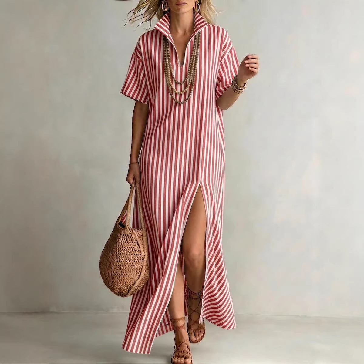 Women's Striped V-Neck Summer Shirt Dress