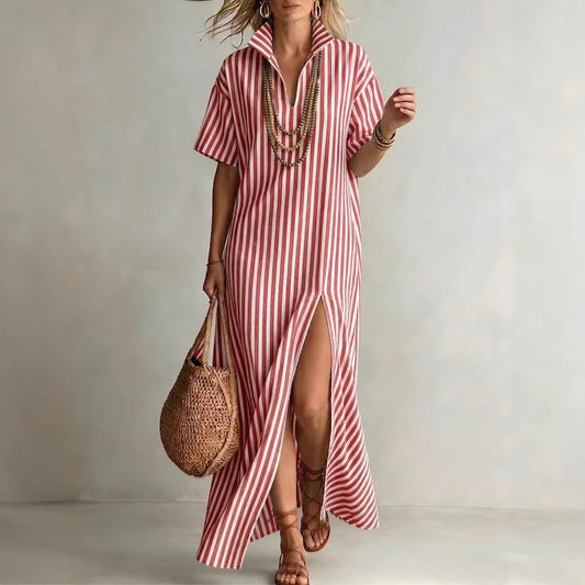 Women's Striped V-Neck Summer Shirt Dress